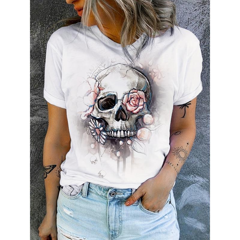 

European Size Women s Skull & Floral Print Casual T-Shirt - Dark Gothic Halloween Graphic Tee with Round Neck, Short Sleeve 4XL