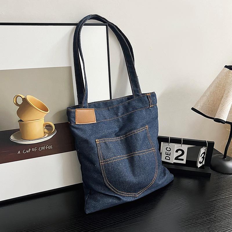 1pcs Retro Denim Shoulder Bag Large Capacity Shopping Tote Lightweight Outdoor Travel Daily Commuter Handbag