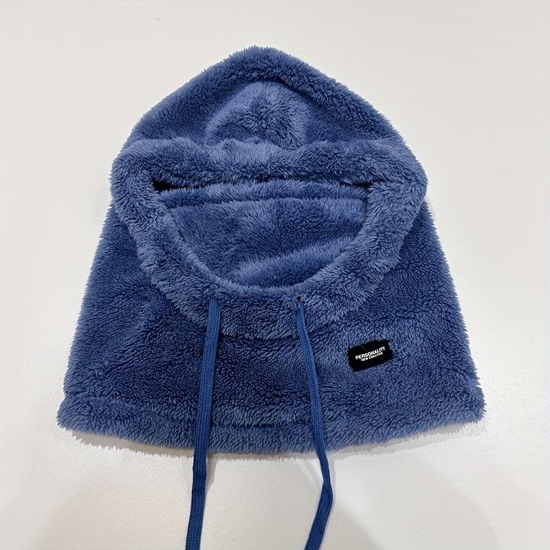 1PC Women's Winter Plush Mask Cap - Elastic Drawstring Closure, Light and Warm, Solid Color Soft Polyester Fiber Material, Hand Washable
