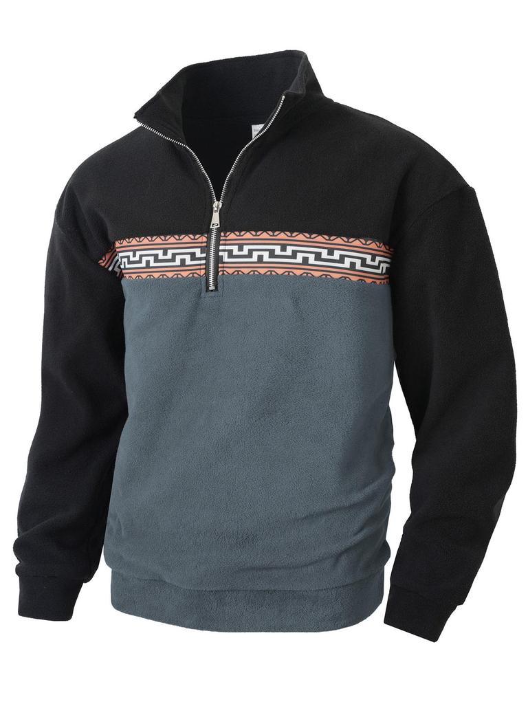 Men's Autumn/Winter Half-Zip Fleece Stand Collar Color Block Jacquard Sweatshirt