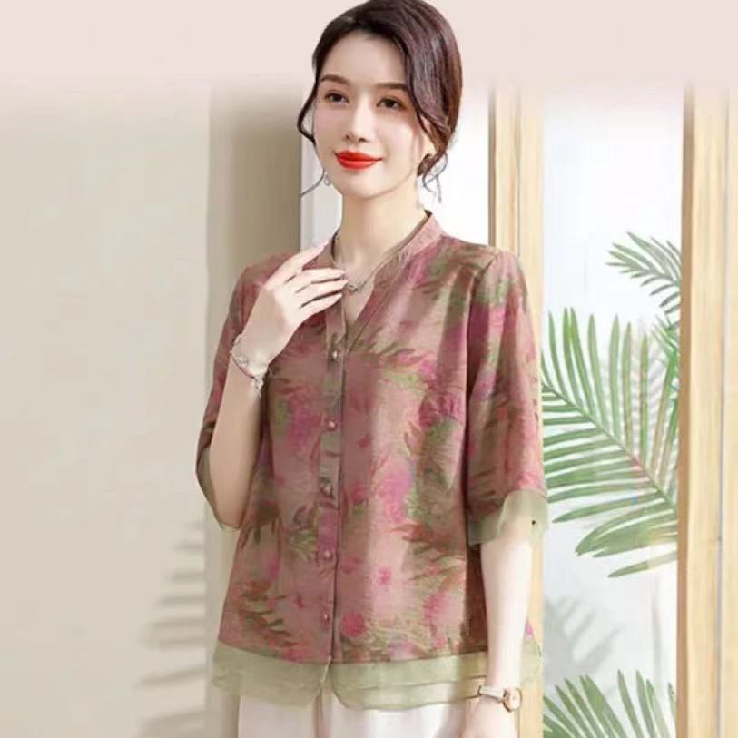 Retro Summer Thin Women's Floral Cotton Hemp Patchwork Fashion Elegant Single Breasted Short Sleeve Loose Shirt Tops