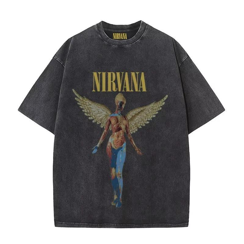Nirvana Rock Band Men's Retro Cotton Washed Tee In Utero Album Man Women's Oversized Y2K Distress Tshirt Casual Loose Streetwear