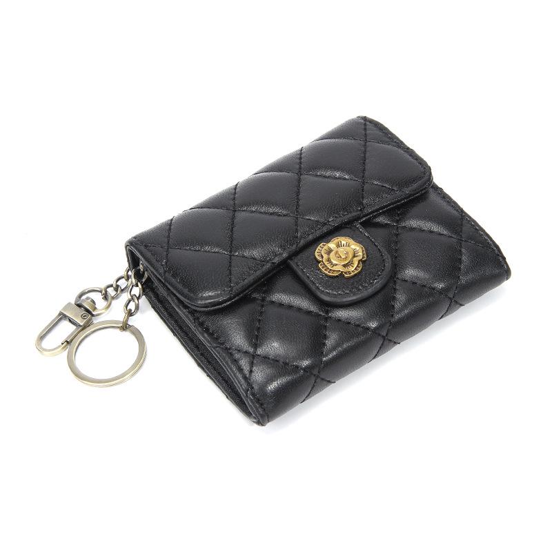 Women's Genuine Lambskin Camellia Coin Purse: Diamond Stitch, Multi-Card Slots, Small Retro Wallet