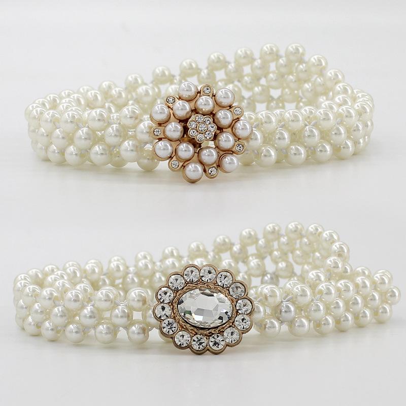 Women'S Rhinestone Pearl Waist Chain Dress Decorative Elastic Belt Women'S Sweet Flower Elastic Waist Seal