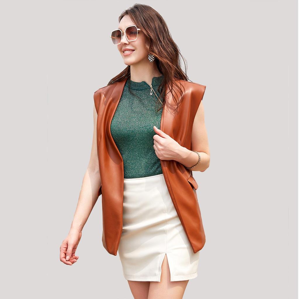 Plus Size Women's Sleeveless PU Leather Vest & Short Cardigan Jacket