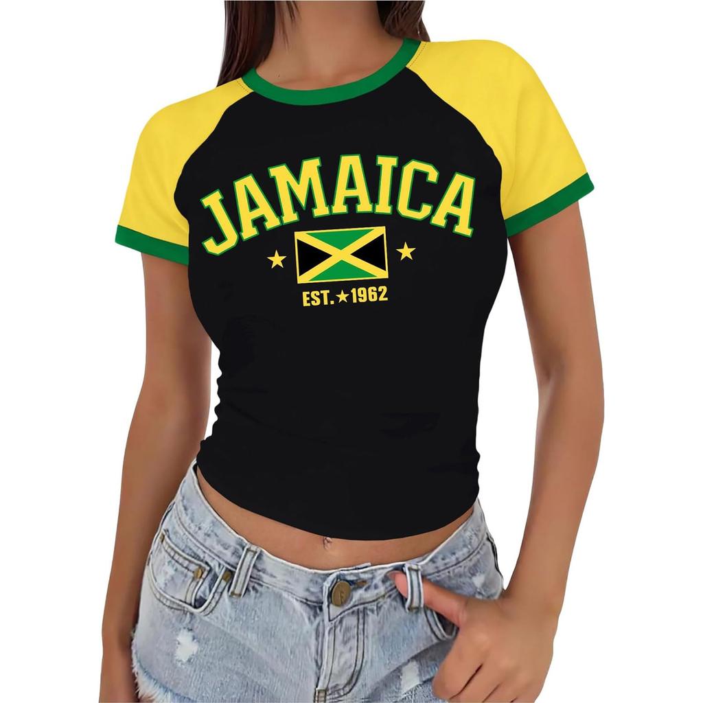 Women V Neck Short Sleeve Pullover T Shirt with Country Letter Print Casual Loose Fit Top for Support Activities and Daily Wear