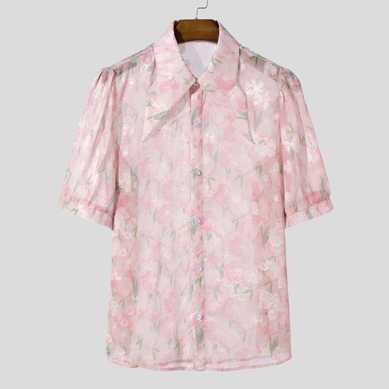 

INCERUN Summer Men Short Sleeve Floral Print See Through Perspective Tops Shirts M