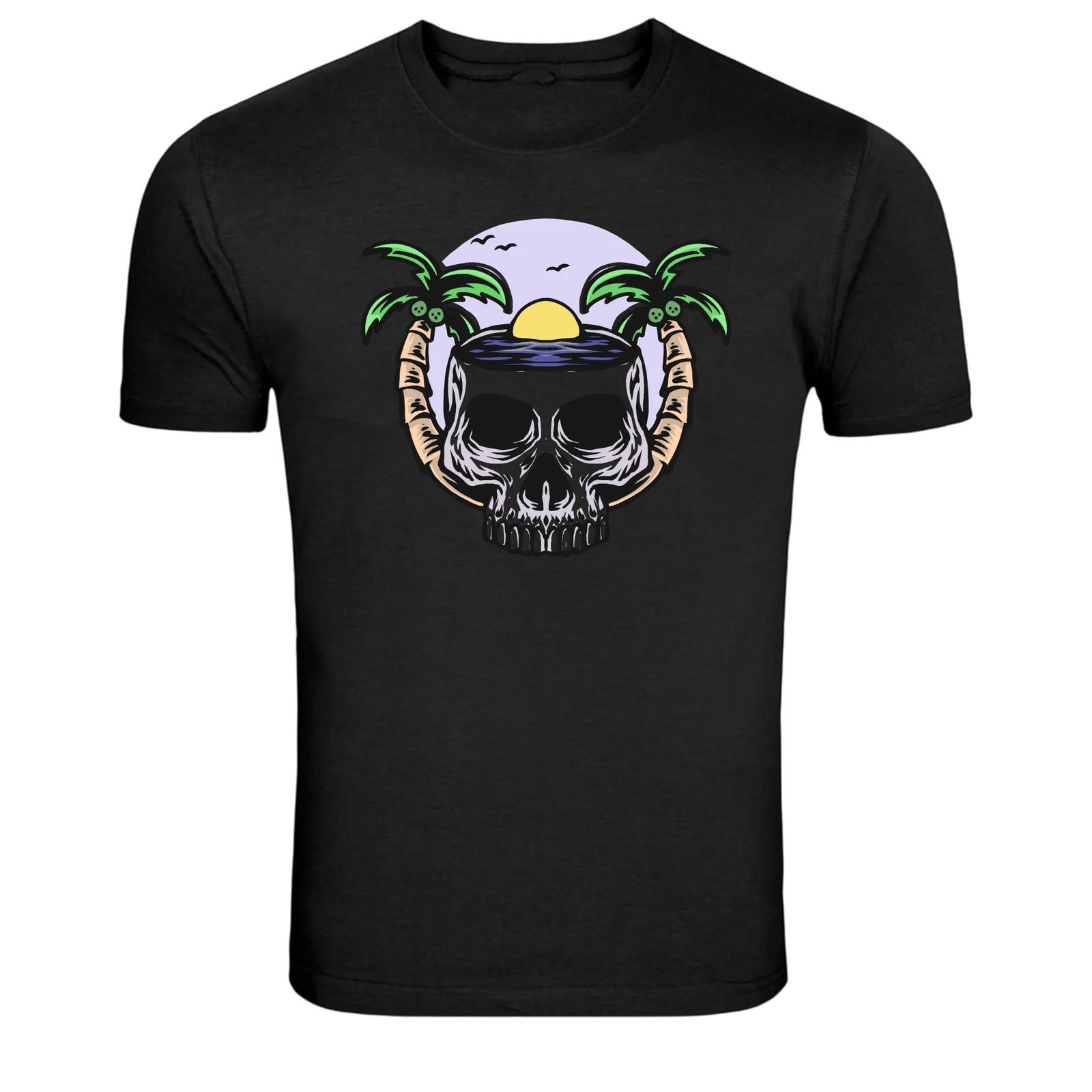 Tropical Skull Palm Trees Sunset Graphic T-Shirt S