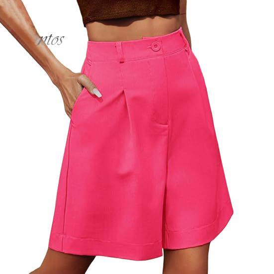 

Летние женские шорты эластичные с высокой талией, свободные боковые карманы, прямые выше колена, мягкие однотонные дышащие повседневные повседневные деловые офисные шорты 2XL розовый