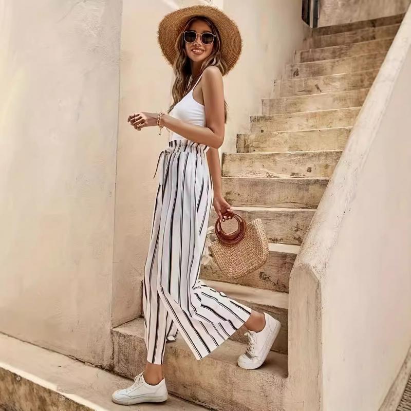 Sommerurlaub Stil Damen Gerade Locker Schlankmachend Lässig Gestreift Hoch tailliert Weiter Bein Hosen Vielseitig Und Lässig