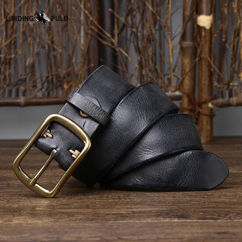 Men's Genuine Leather Belt Retro Distressed Pleated Copper Buckle Korean Style Casual Jeans Belt