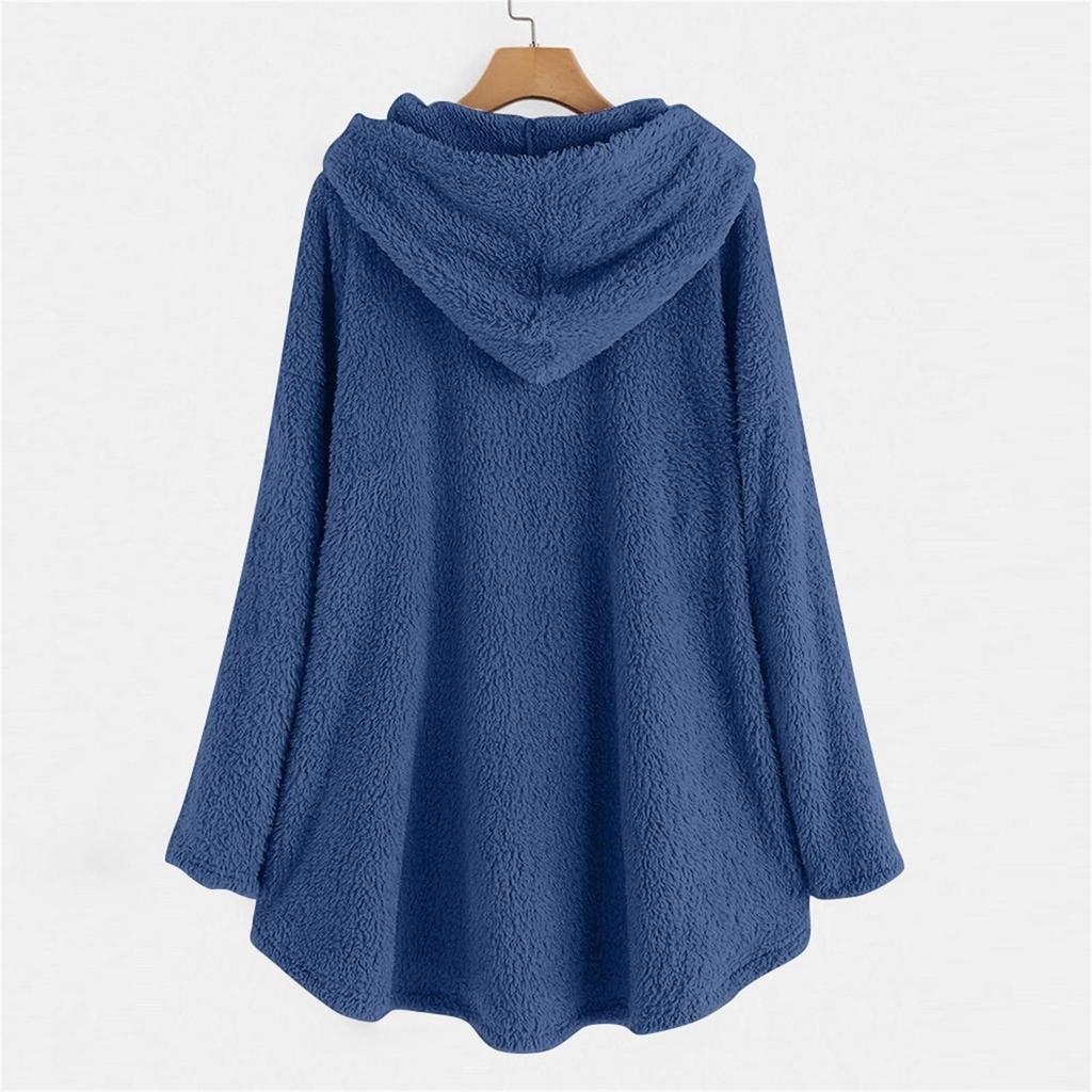 Womens Fleece Cat Embroidery Plus Size Warm Hoodie Top Button Sweater Blouse