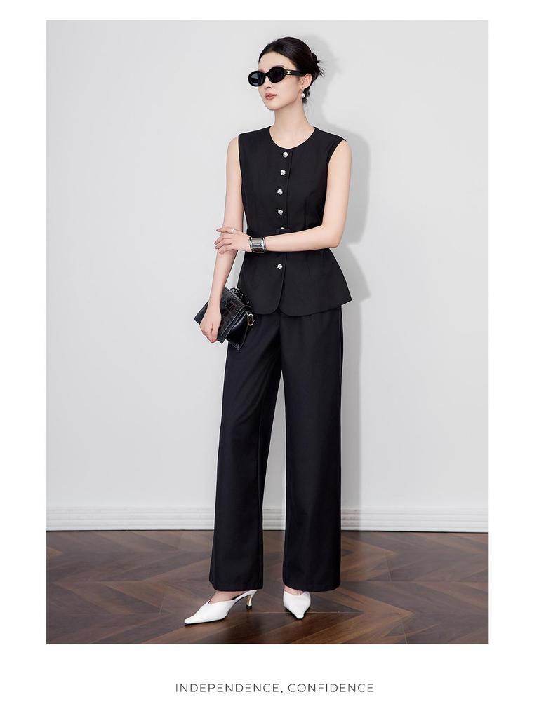 Elegant Silver Buckle Vest & Commuter Wide-Leg Pants Set for Women - Autumn Collection