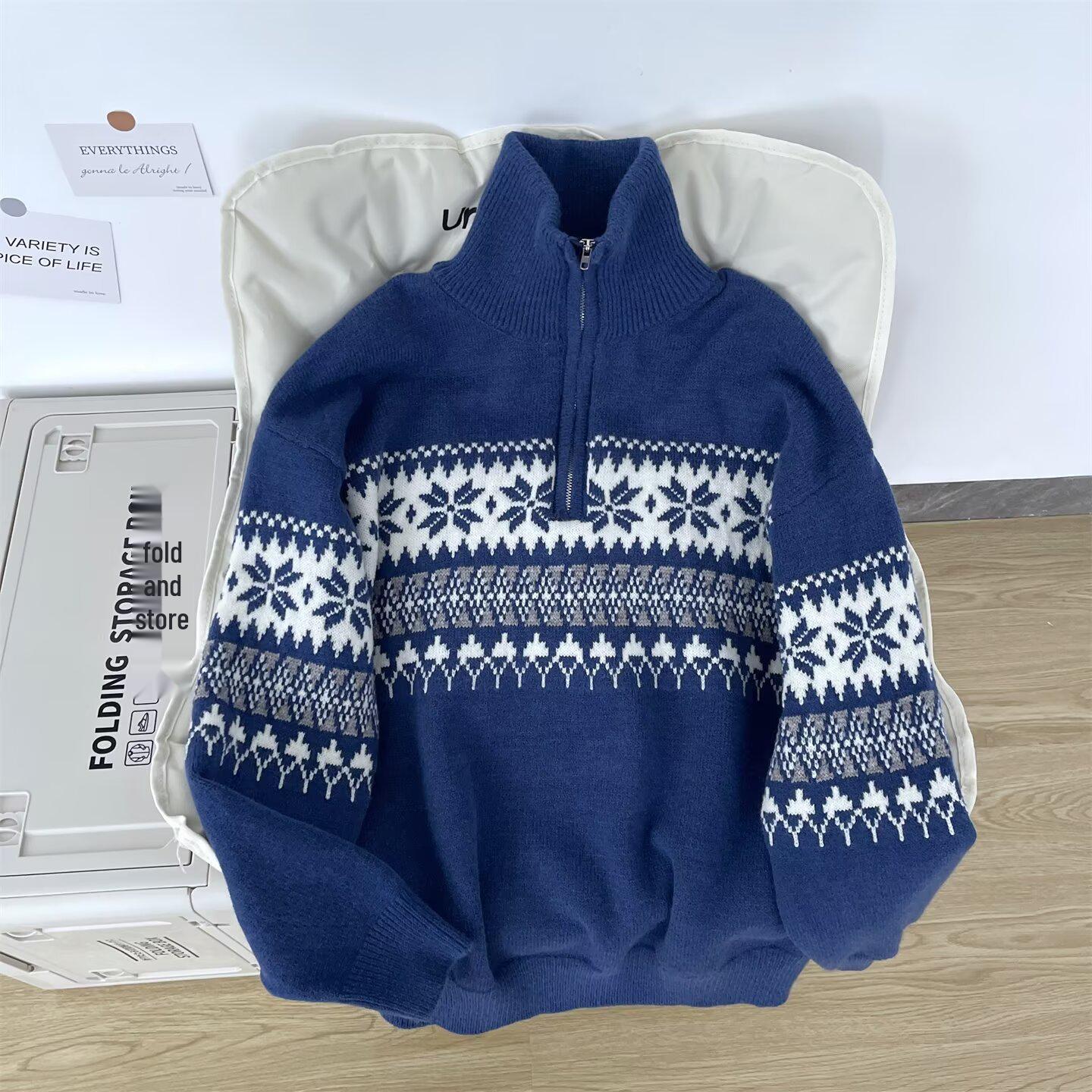 

Unisex Red Retro Fair Isle Half-Zip High-Neck Sweater Extra Large темно-синього кольору