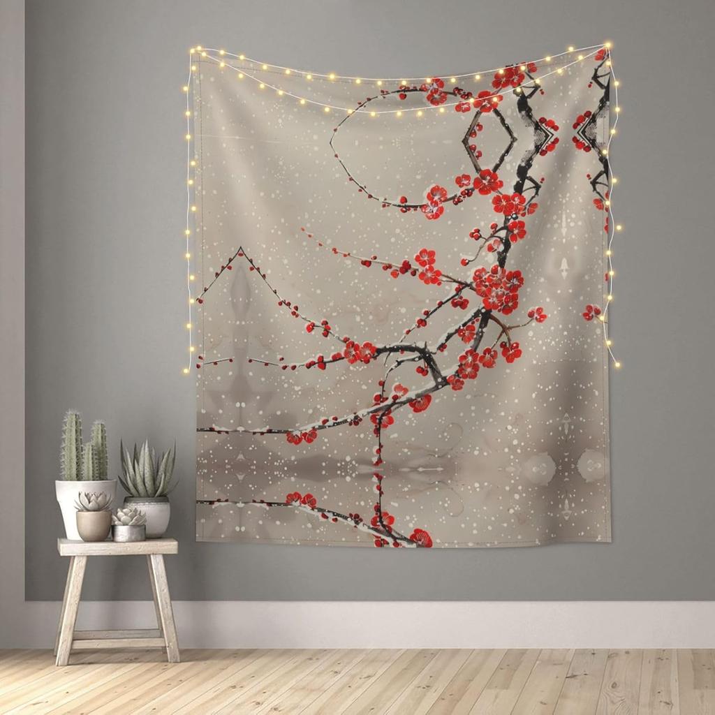 Tapestry se zimním květem švestky, Tradiční čínská červená květinová závěsná dekorace na zeď se sněhem pro Zen a estetickou domácí výzdobu