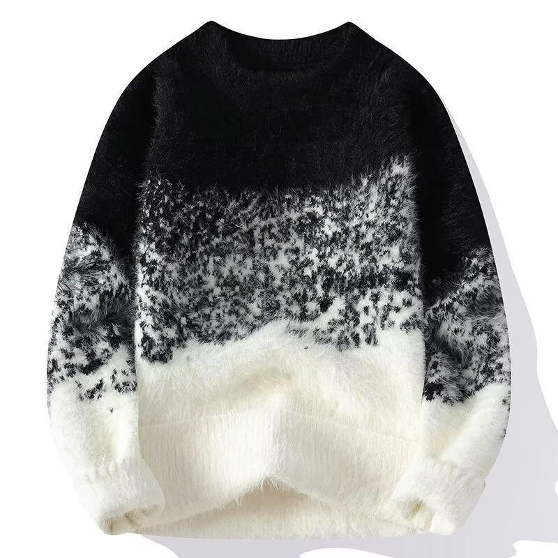 Gradient Soft Fuzzy Knit Sweater Men Round Neck Warm Autumn Winter Pullover