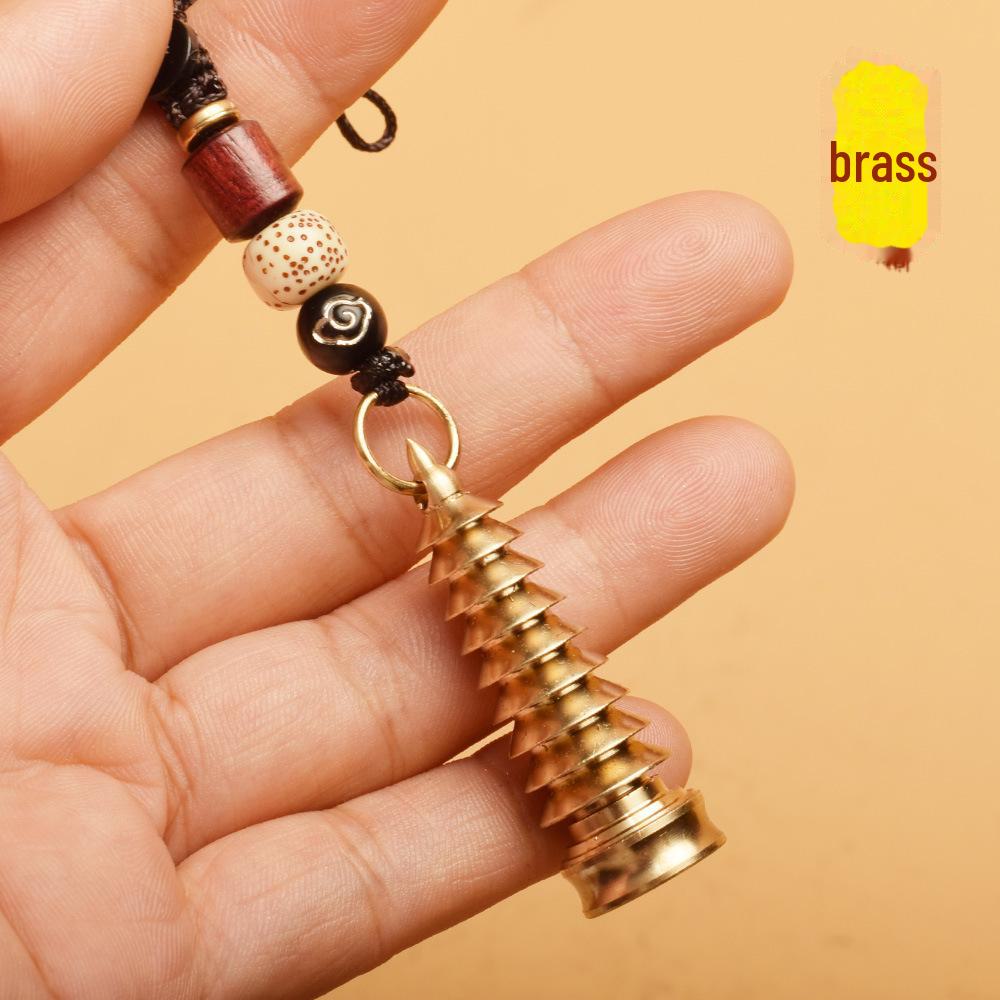 Brass Wenchang Tower & Five Emperors Coin Gourd Keychain 