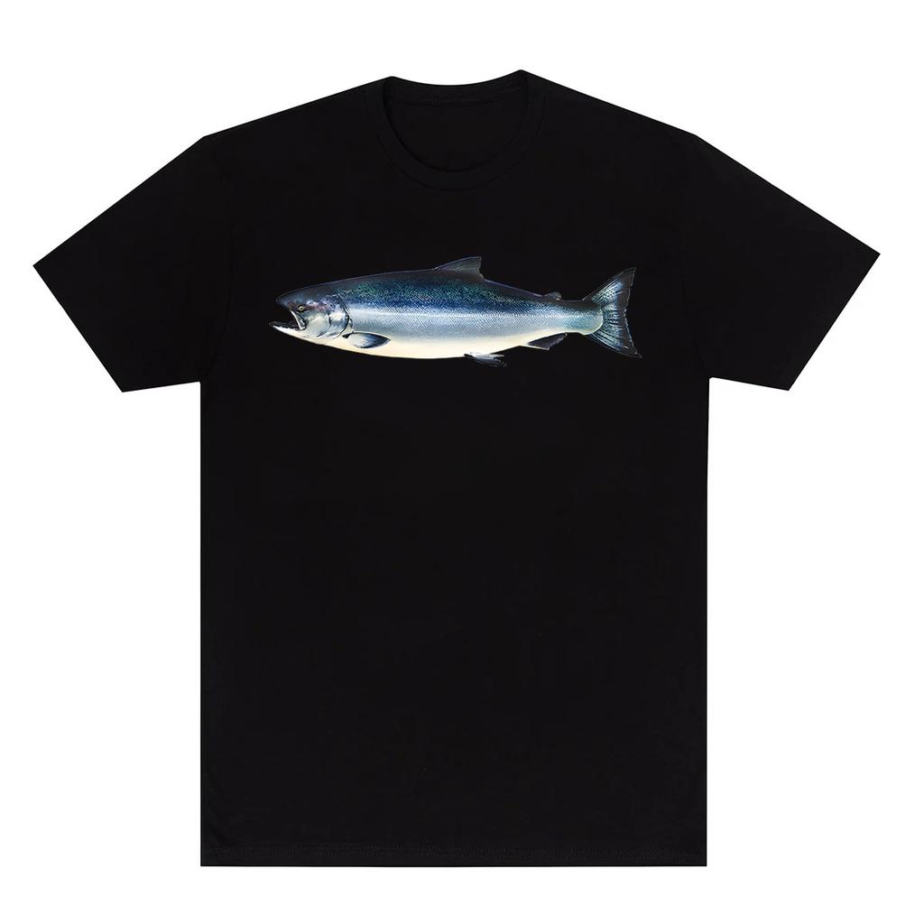 Y2k Summer Marine Fish Handpainted Salmon Sea Fish Fishing Beach Fishing Pure Cotton Printed Loose Shortsleeved Tshirt