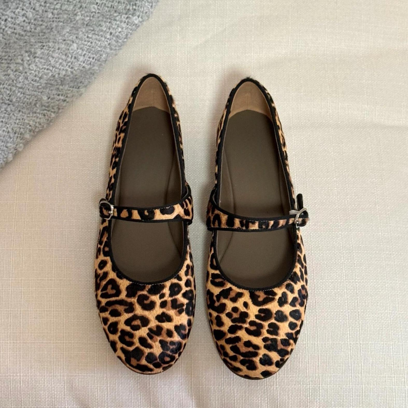 

Sheepskin version~ niche retro round head ballet shallow mouth one-word buckle flat bottom leopard print single shoes women s genuine leather Mar 40 леопардовый