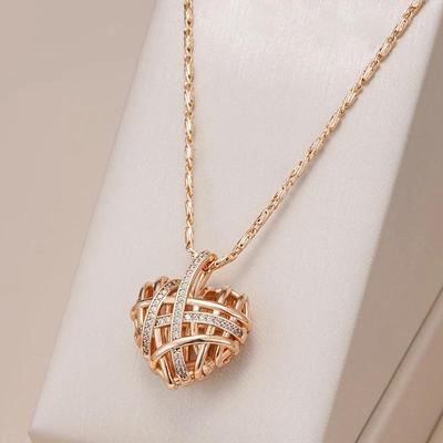 Heart Pendant Braided Texture Jewelry Women Golden Necklace White Zircon Vintage Twist Chain Party Accessories