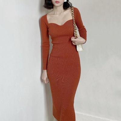 Collo quadrato a coste addensare abiti caldi lavorati a maglia donna manica lunga alta elasticità abito aderente basic streetwear abiti C-121