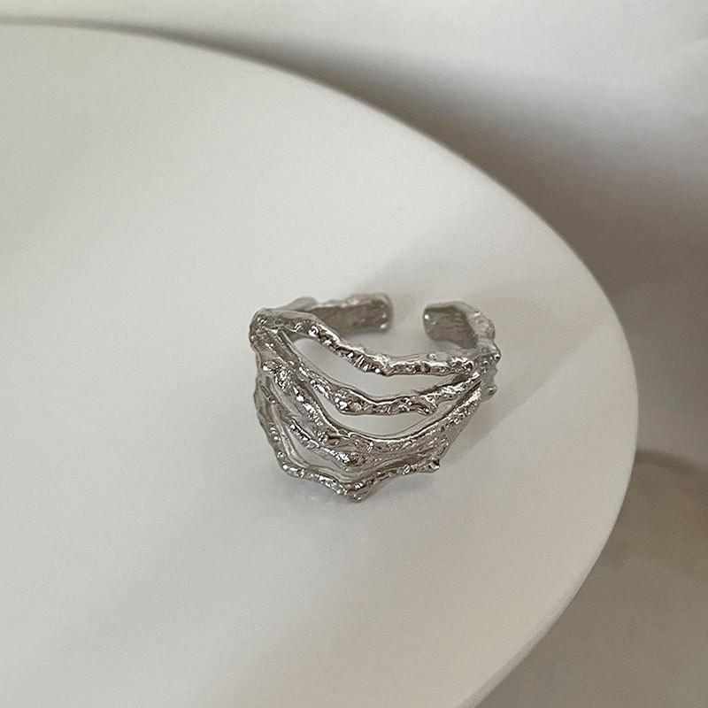 Contemporary Irregular Textured S925 Silver Ring For Women In Trendy Style Geometric
