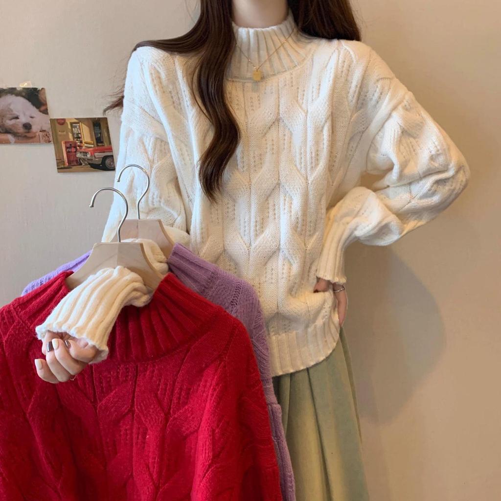 Plus Size Women's Winter Fluffy Cable Knit Sweater, Slimming Thick Half-High Neck Top