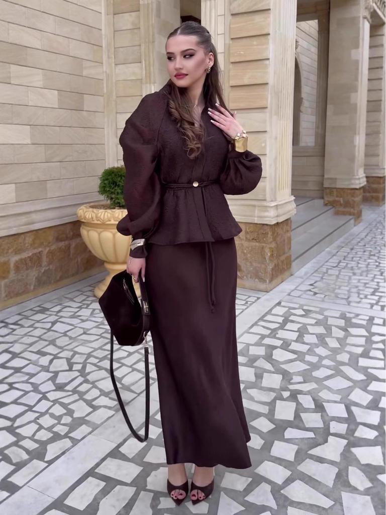 2025 Autumn: Women's V-Neck Long-Sleeve Cardigan & High-Waisted Skirt Set