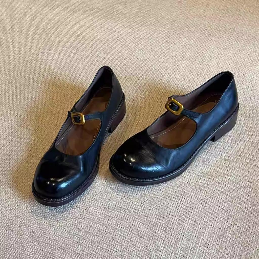 Weiches Schafsleder~ Retro britischer Stil kleine Lederschuhe für Damen Herbst neu dicker Absatz runde Spitze mit leichtem Ausschnitt Mary Jane einzelne Schuhe