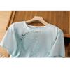 Summer Simple Shirt Women Literary Retro Round Neck Chinese Style Oblique Placket Embroidered Disc Button Short Sleeved Loose Top