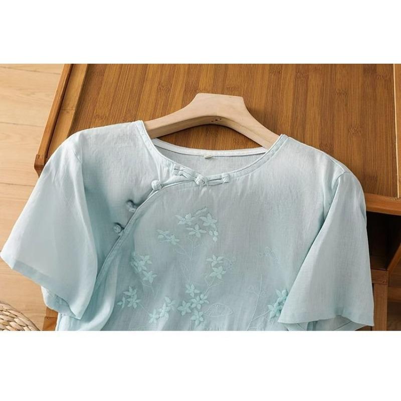 Summer Simple Shirt Women Literary Retro Round Neck Chinese Style Oblique Placket Embroidered Disc Button Short Sleeved Loose Top