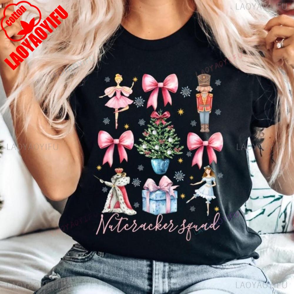 Christmas Nutcracker TShirt Christmas Sweatshirt Nutcracker Ballet TShirt Pretty Pink Bows Shirt Women Crewneck Short Sleeve