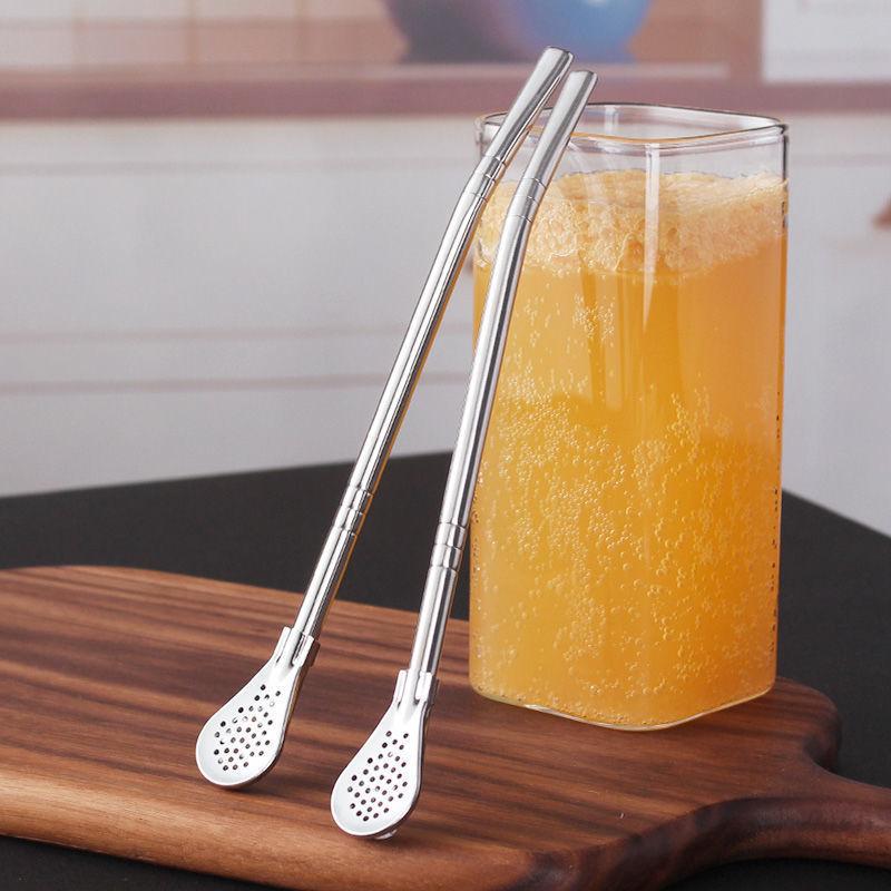 Metal Straw Stirring Spoons for Drinking, 304 Stainless Steel Reusable Tea Cocktail Filter With Brush Kitchen Bar Utensil