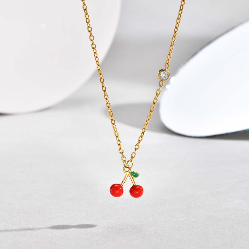Fashion Cherry Pendant Necklace for Women Stainless Steel 18K Gold Plated Grinding Chain Necklaces Simple Charm Jewelry Gift