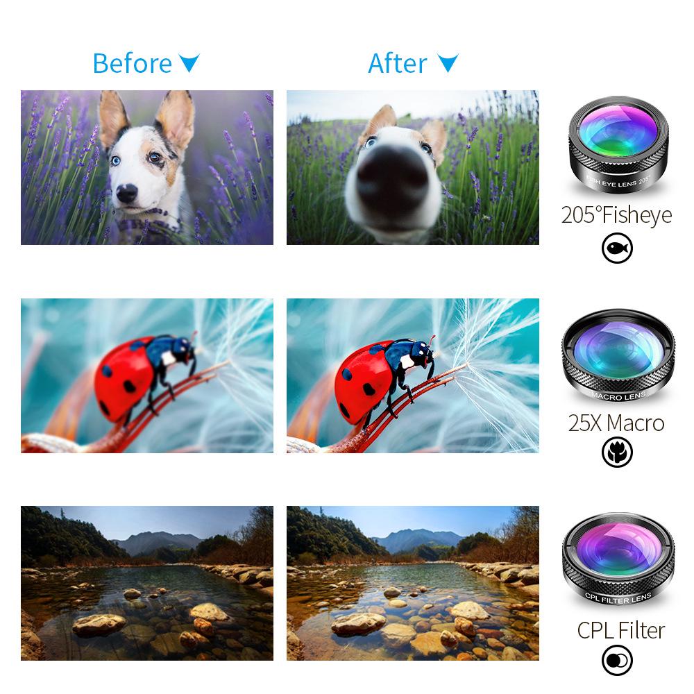 Universal 6-in-1 Mobile Lens Set: Fisheye, Wide-angle, Macro, Telephoto, Polarizing, Starlight.