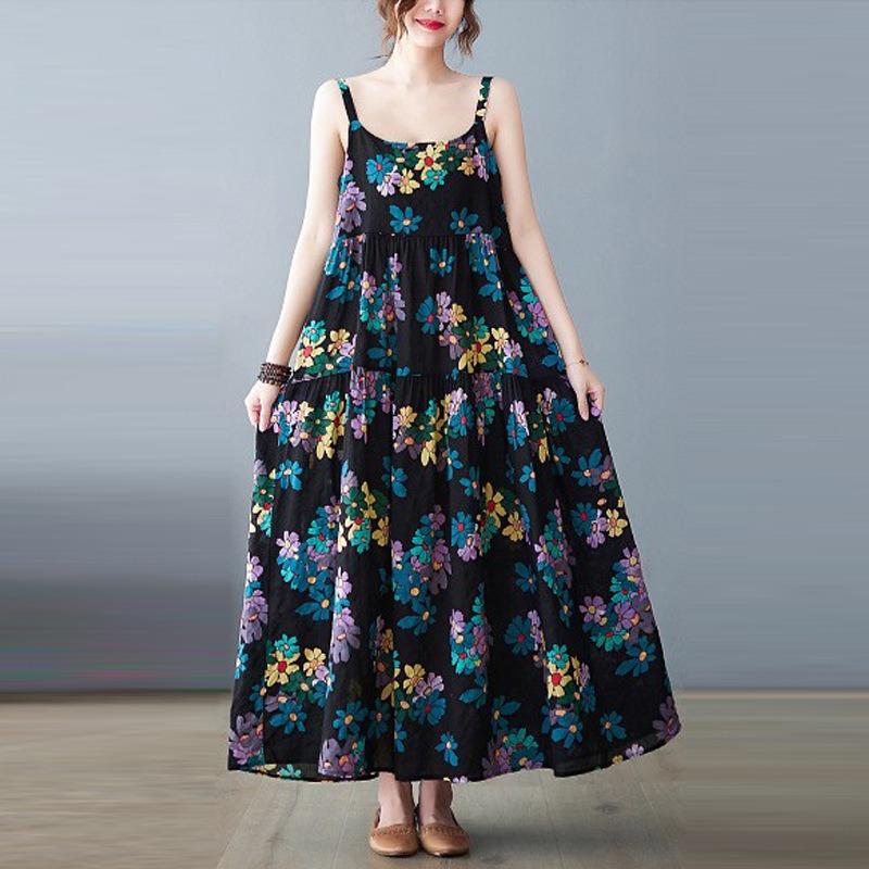 Real Shot Summer New Literary Large Size Loose Cotton and Linen Printing Suspender Dress Women's Medium and Long