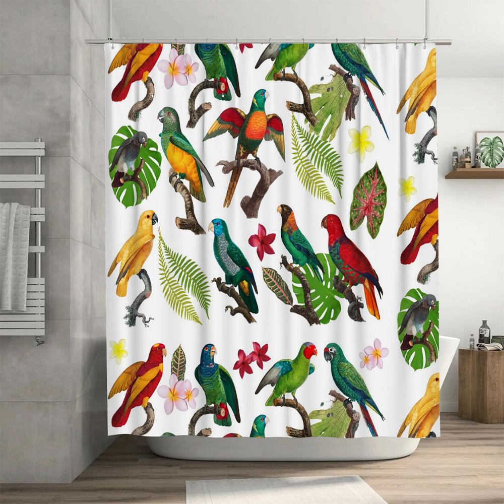 Vivid Parrot Shower Curtain: Waterproof Fabric with Tropical Bird Design Decorative Bath Rug Made from Recycled Plastic