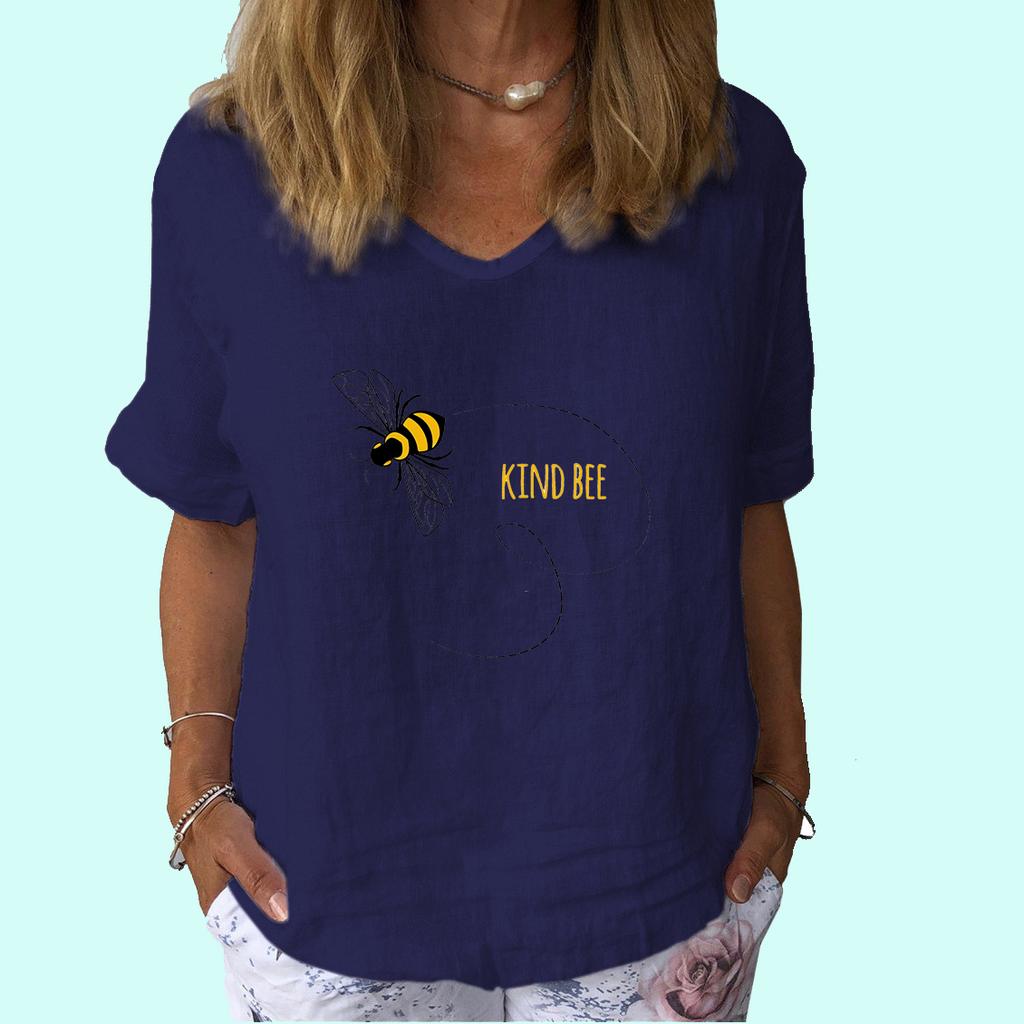 Women Fashion Short Sleeve Top Summer Casual V Collar Tee Shirt Ladies Print Cotton Linen T-shirt