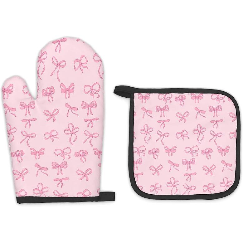 Pink Bow Coquette Decor Oven Mitts and Pot Holders Sets, PinkCoquette Preppy Kitchen Accessories Sets, Pink Ribbon Bow Preppy Heat Resistant Oven