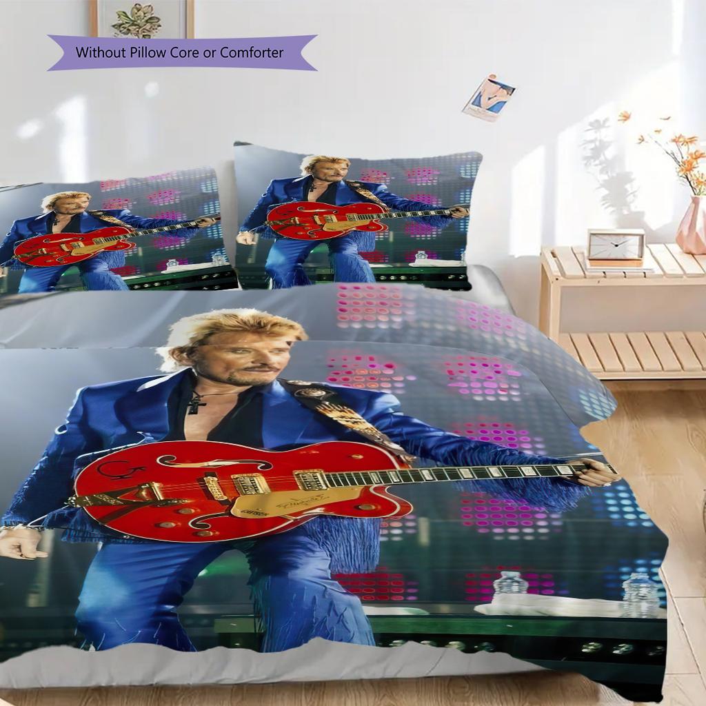 Johnny Hallyday Gitarrenperformance Bettwäsche, Bettbezug, Kissenbezug, Heimdekoration, Geburtstagsgeschenk (1 * Bettbezug+2 * Kissenbezug, ohne Füllung)