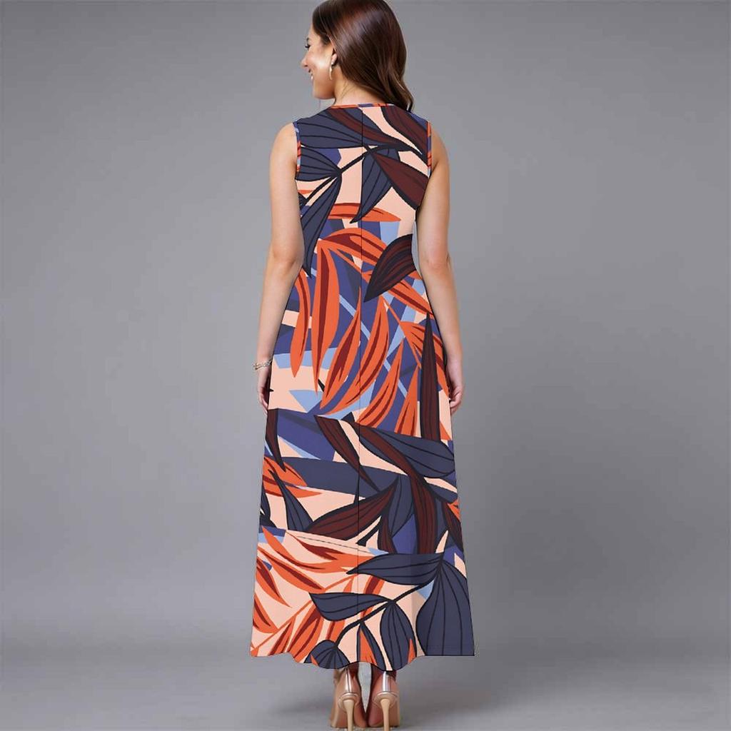 Oversized Women Sleeveless Round Neck Dress Elegant Mixed Floral Print Flowy Mid Length Dress