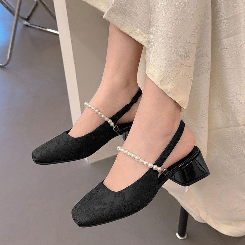 Baotou sandals women's 2025 summer new thick heel light mouth single shoes French pearl Mary Jane shoes square head high heels