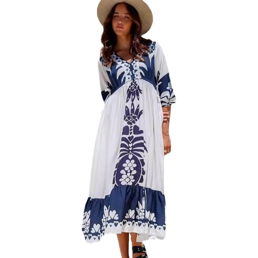 

Женское платье свободного покроя с принтом и завязками на шнурке, с рукавами пять четвертей XL