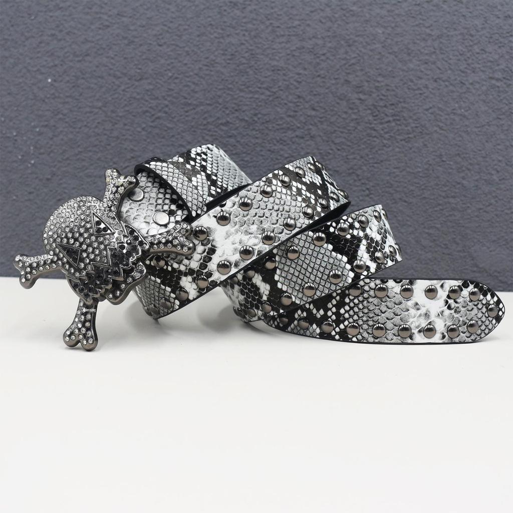 Unisex Y2K Rhinestone Skull Punk Belt with Rivet and Python Skin Design