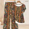 Women Plus Size Multicolor Printed Round Neck Short Sleeve Top And Long Pants Two Piece Set