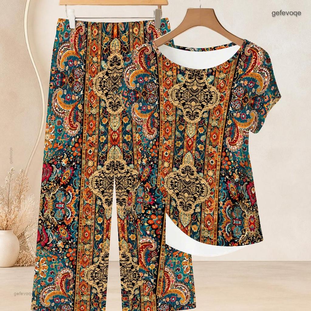 Women Plus Size Multicolor Printed Round Neck Short Sleeve Top And Long Pants Two Piece Set
