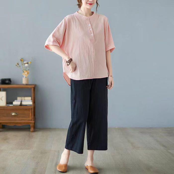 Chic 2025 Summer Linen Top & Shorts Set for Middle-Aged Women - Plus Size, Solid Color, Casual Short Sleeve