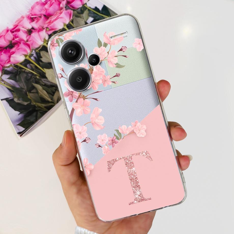 For Xiaomi Redmi Note 13 Pro Plus Case Soft Clear Bumper With Flower Letter Painting Capa For Redmi Note 13 4G 13 Pro 4G 5G Case