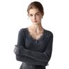 Suéter Feminino 100% Caxemira Pura com Gola V e Acabamento em Renda, Manga Longa, Malha de Corte Justo para Outono e Inverno