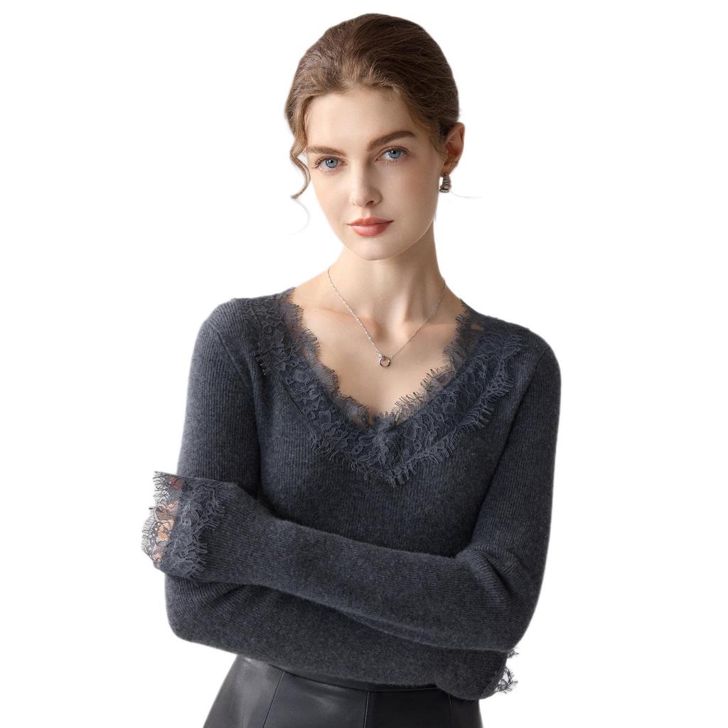 Suéter Feminino 100% Caxemira Pura com Gola V e Acabamento em Renda, Manga Longa, Malha de Corte Justo para Outono e Inverno